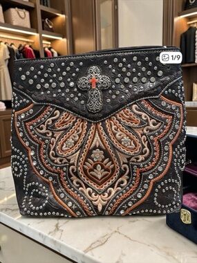 Montana West Black Orange Crossbody Bag Silver Accents Embroidered southwestern‍